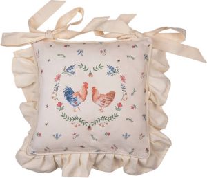 Clayre & Eef Kussenhoes Stoelkussen 40*40 Cm Beige Blauw Katoen Vierkant Kip En Haan Sierkussen Kussensloop