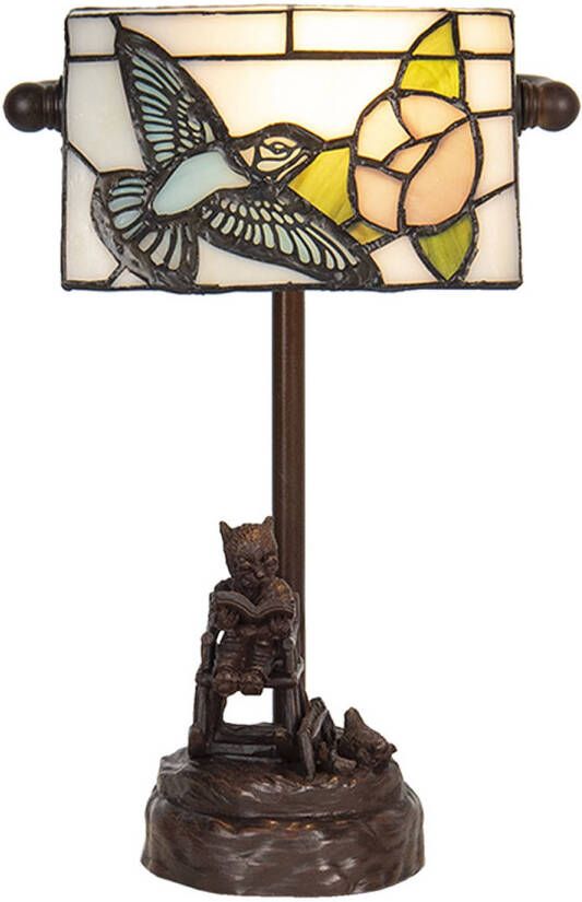 Clayre & Eef LumiLamp Bureaulamp Bankierslamp Tiffany 15x33 cm Beige Blauw Polyresin Glas Vogel Tafellamp Beige Tafellamp