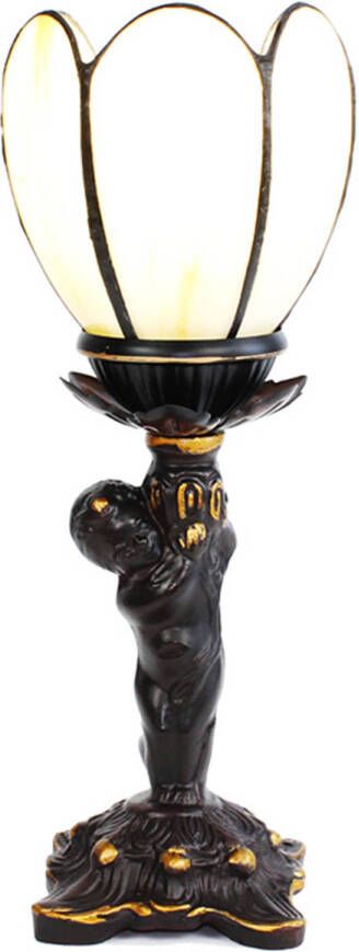Clayre & Eef Lumilamp Tiffany Tafellamp 12x12x28 Cm Beige Glas Kunststof Tiffany Bureaulamp Stijlvolle Beige Tiffany Tafellamp Met