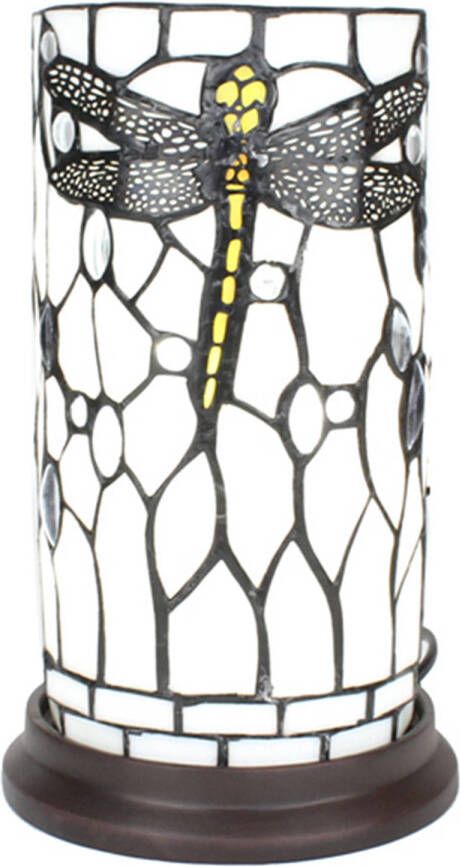 Clayre & Eef LumiLamp Tiffany Tafellamp Ø 15x26 cm Wit Grijs Glas Kunststof Rond Libelle Tiffany Bureaulamp Wit Tiffany Bureaulamp