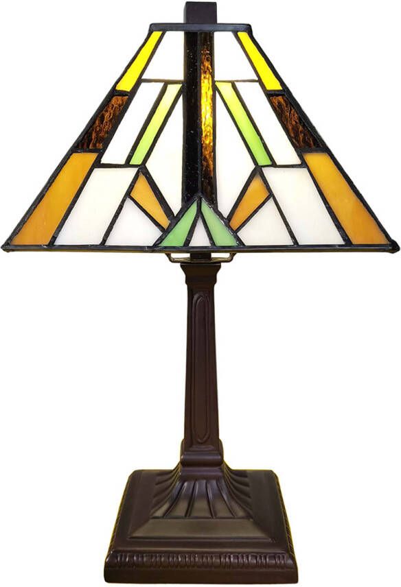 Clayre & Eef Lumilamp Tiffany Tafellamp 20x20x34 Cm Bruin Kunststof Glas Tiffany Bureaulamp Tiffany Lampen Glas In Lood Bruin