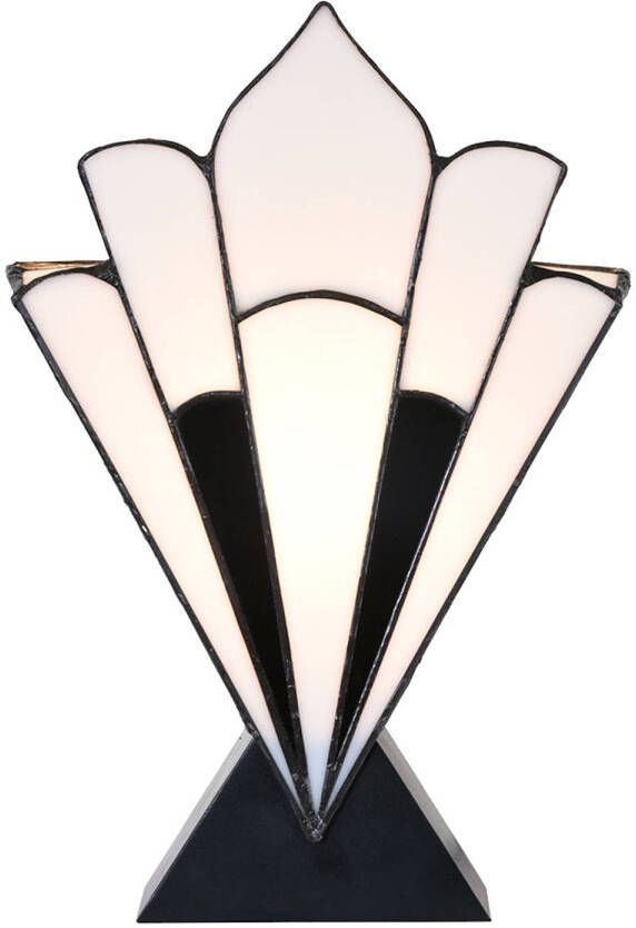 Clayre & Eef LumiLamp Tiffany Tafellamp 21x10x32 cm Wit Zwart Glas Kunststof Tiffany Bureaulamp Wit Tiffany Bureaulamp