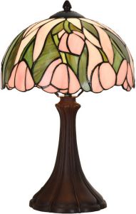 Clayre & Eef LumiLamp Tiffany Tafellamp Ø 25x40 cm Roze Glas Tiffany Bureaulamp Roze Tiffany Bureaulamp