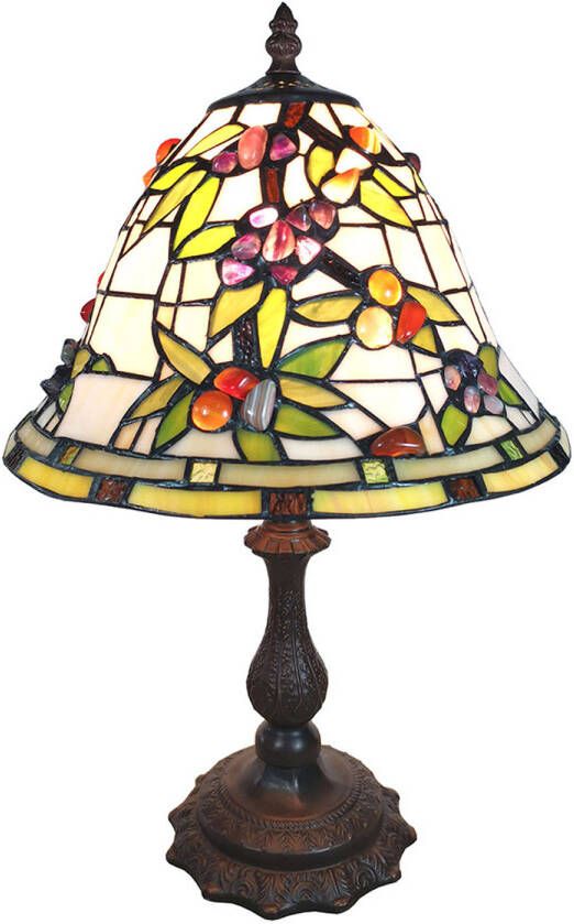 Clayre & Eef LumiLamp Tiffany Tafellamp 31x31x47 cm Beige Groen Glas Bloemen Tiffany Bureaulamp Beige Tiffany Bureaulamp
