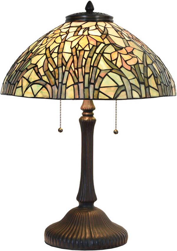 Clayre & Eef LumiLamp Tiffany Tafellamp Ø 40x60 cm Beige Groen Glas Tiffany Bureaulamp Beige Tiffany Bureaulamp