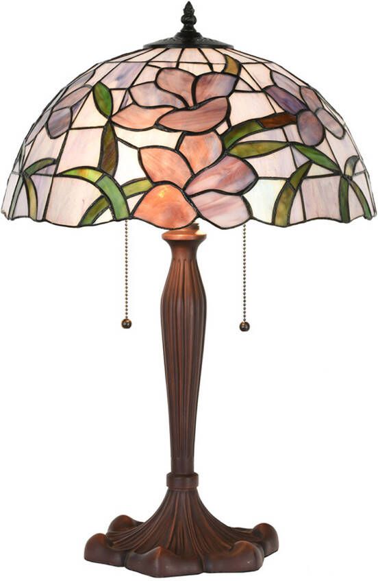 Clayre & Eef LumiLamp Tiffany Tafellamp Ø 40x60 cm Roze Glas Kunststof Rond Bloemen Tiffany Bureaulamp Roze Tiffany Bureaulamp