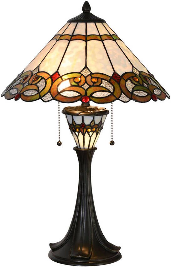 Clayre & Eef LumiLamp Tiffany Tafellamp Ø 40x61 cm Beige Rood Glas Driehoek Tiffany Bureaulamp Beige Tiffany Bureaulamp