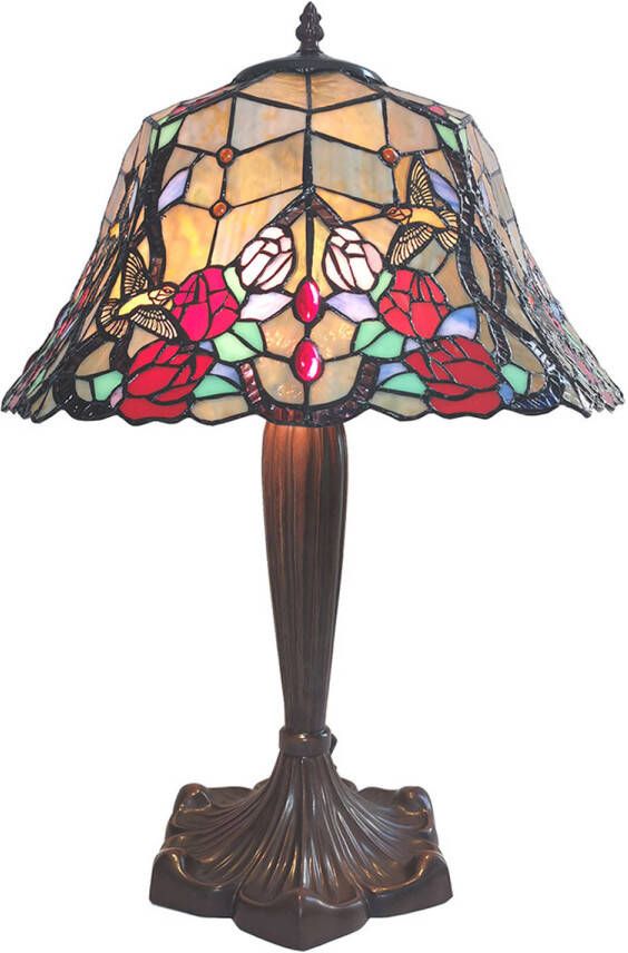 Clayre & Eef LumiLamp Tiffany Tafellamp Ø 41x57 cm Beige Rood Glas Bloemen Tiffany Bureaulamp Beige Tiffany Bureaulamp