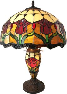 Clayre & Eef LumiLamp Tiffany Tafellamp Ø 41x57 cm Geel Glas Tulpen Tiffany Bureaulamp Geel Tiffany Bureaulamp