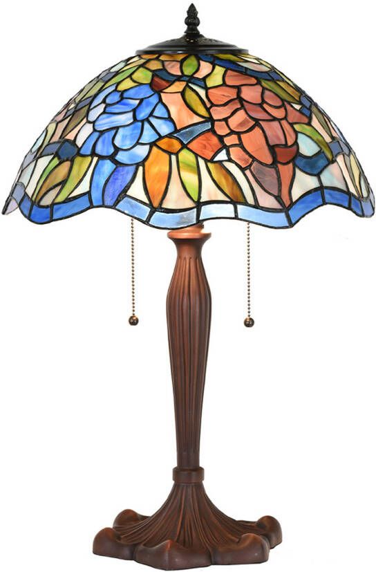 Clayre & Eef LumiLamp Tiffany Tafellamp Ø 41x60 cm Blauw Bruin Glas Kunststof Rond Tiffany Bureaulamp Blauw Tiffany Bureaulamp