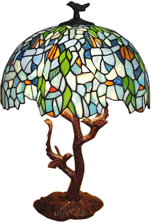 Clayre & Eef Lumilamp Tiffany Tafellamp Ø 42x49 Cm Blauw Kunststof Glas Bloemen Tiffany Bureaulamp Tiffany Lampen Glas In Lood