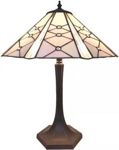 Clayre & Eef Lumilamp Tiffany Tafellamp Ø 42x54 Cm Roze Wit Glas Zink Tiffany Bureaulamp Tiffany Lampen Glas In Lood Roze Tiffany