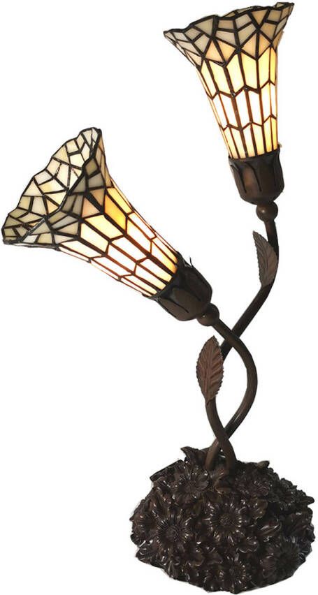 Clayre & Eef LumiLamp Tiffany Tafellamp 44x26x61 cm Beige Glas Tiffany Bureaulamp Beige Tiffany Bureaulamp