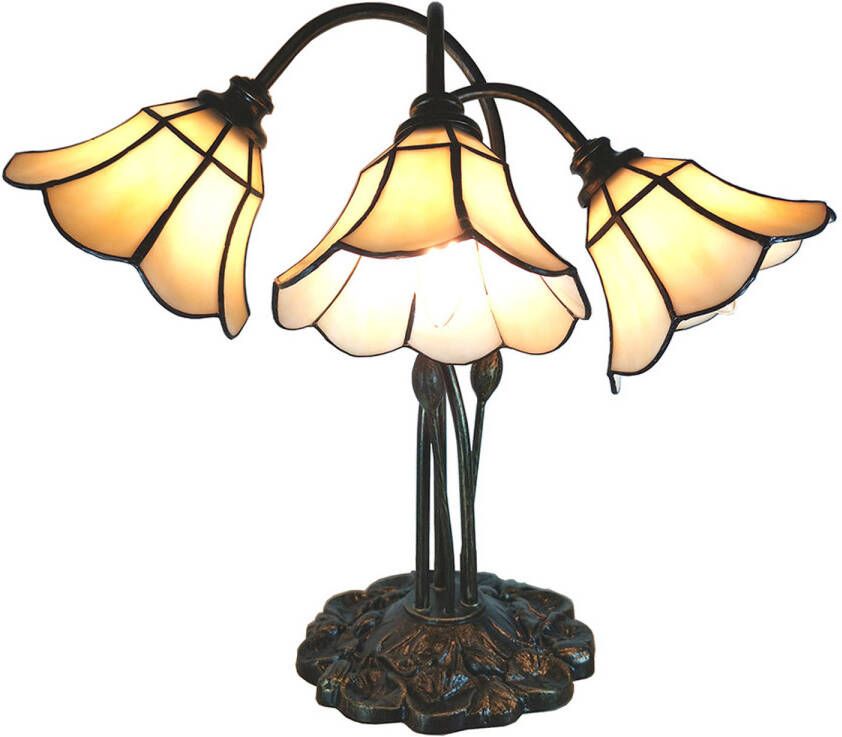 Clayre & Eef LumiLamp Tiffany Tafellamp 46x28x63 cm Beige Glas Tulpen Tiffany Bureaulamp Beige Tiffany Bureaulamp