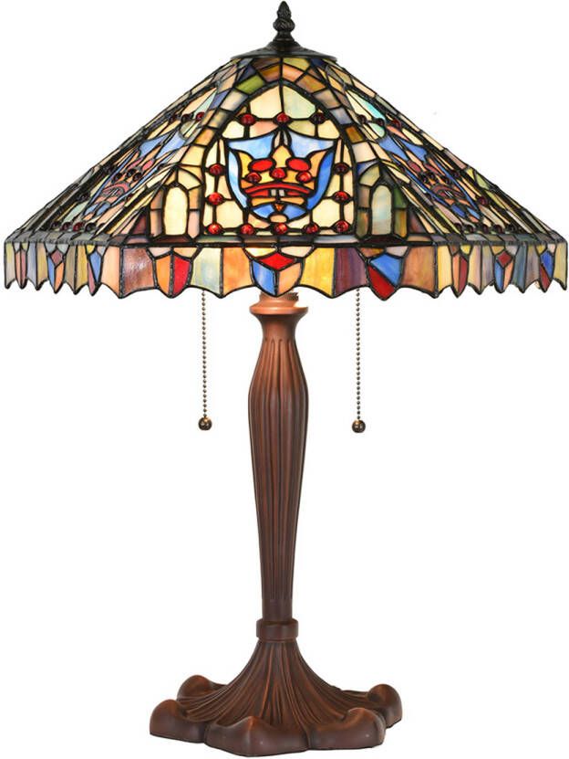 Clayre & Eef Lumilamp Tiffany Tafellamp Ø 47x60 Cm Beige Blauw Glas Kunststof Rond Tiffany Bureaulamp Tiffany Lampen Glas In Lood