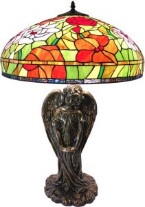 Clayre & Eef LumiLamp Tiffany Tafellamp Ø 55x85 cm Rood Groen Glas Roos Tiffany Bureaulamp Rood Tiffany Bureaulamp