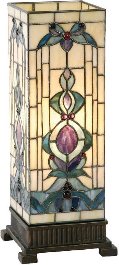 Clayre & Eef LumiLamp Tiffany Tafellamp 18x18x45 cm Beige Blauw Glas Rechthoek Tiffany Bureaulamp Beige Tiffany Bureaulamp