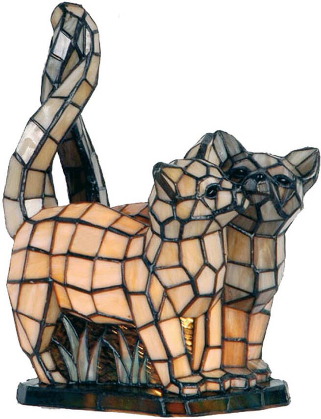 Clayre & Eef LumiLamp Tiffany Tafellamp Katten 27x18x35 cm Beige Grijs Glas Tiffany Lampen Beige Tiffany Lampen