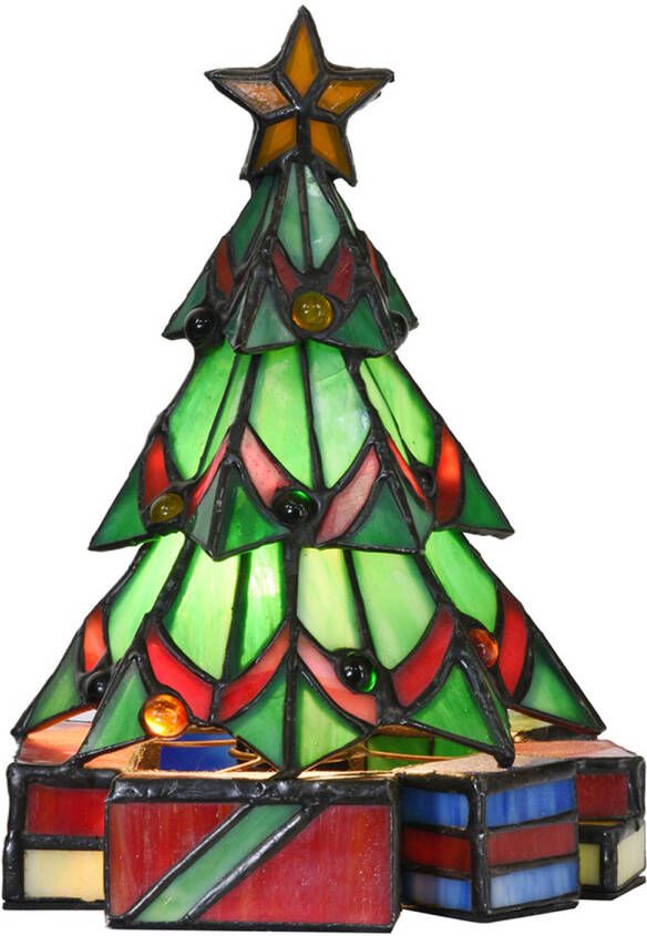 Clayre & Eef LumiLamp Tiffany Tafellamp Kerstboom 17x17x23 cm Groen Glas Tiffany Bureaulamp Groen Tiffany Bureaulamp