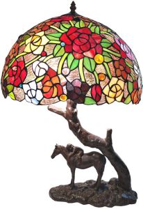 Clayre & Eef Lumilamp Tiffany Tafellamp Paard Ø 41*57 Cm Meerkleurig Glas In Lood
