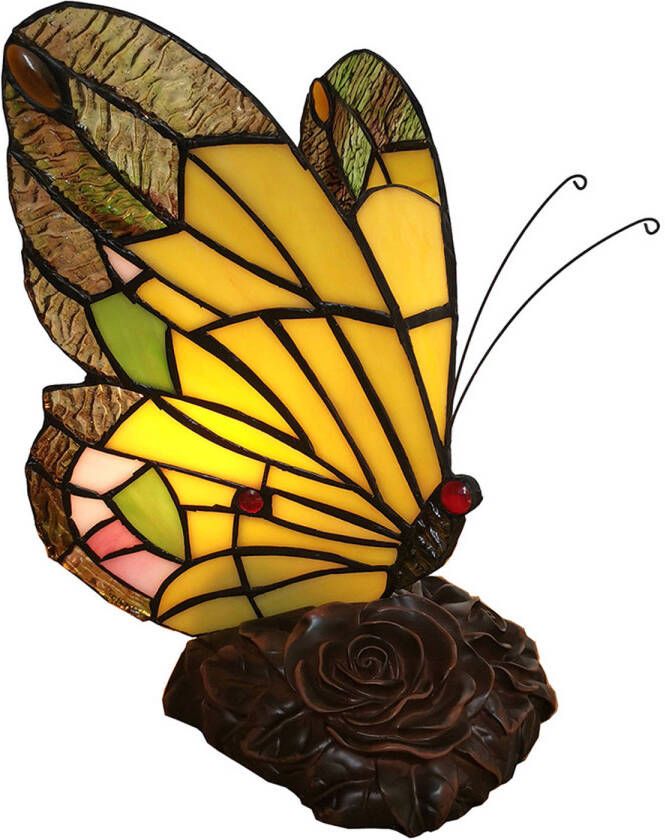 Clayre & Eef Lumilamp Tiffany Tafellamp Vlinder 15*15*27 Cm Meerkleurig Glas In