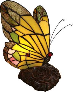 Clayre & Eef Lumilamp Tiffany Tafellamp Vlinder 15*15*27 Cm Meerkleurig Glas In