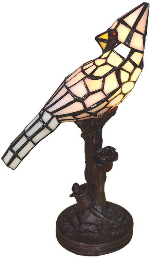 Clayre & Eef Lumilamp Tiffany Tafellamp Vogel 15*12*33 Cm Beige Kunststof Glas Tiffany Bureaulamp Tiffany Lampen Glas In Lood Beige