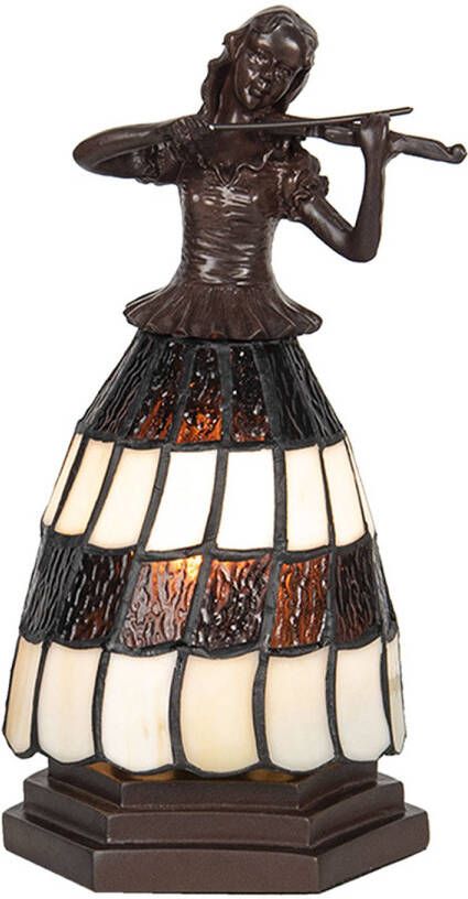 Clayre & Eef LumiLamp Tiffany Tafellamp Vrouw 15x15x27 cm Bruin Wit Glas Tiffany Bureaulamp Bruin Tiffany Bureaulamp