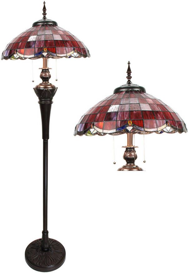 Clayre & Eef LumiLamp Tiffany Vloerlamp 166 cm Rood Glas Kunststof Rond Staande Lamp Rood Staande Lamp
