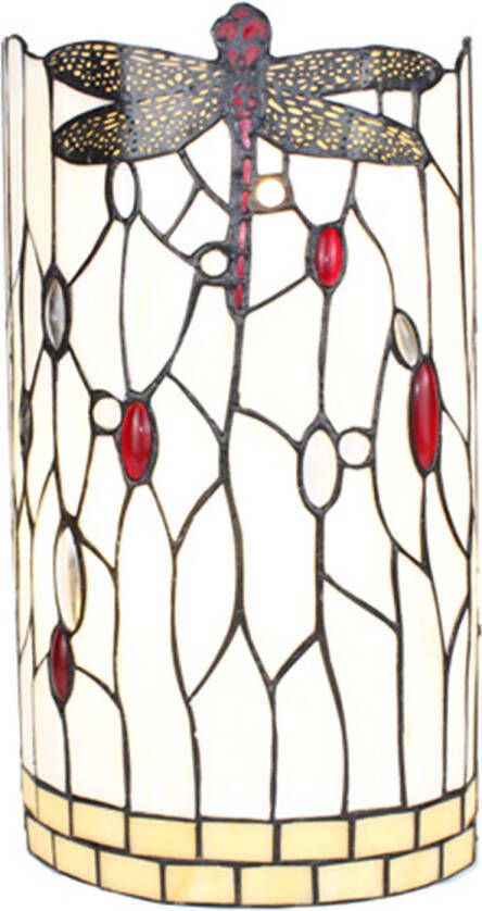 Clayre & Eef LumiLamp Wandlamp Tiffany 20x10x36 cm Wit Zwart Glas Metaal Halfrond Libelle Muurlamp Wit Muurlamp