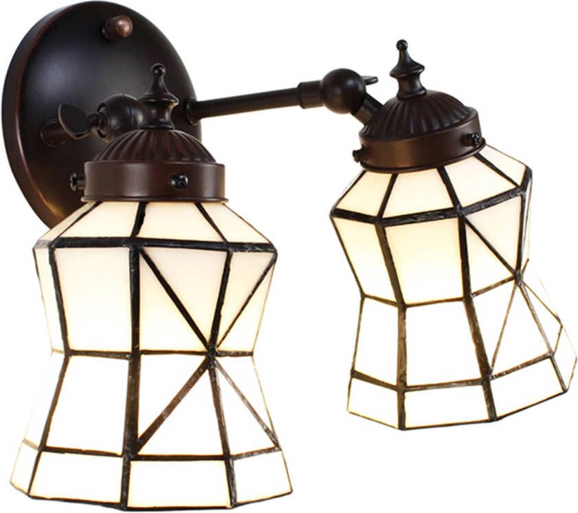 Clayre & Eef Lumilamp Wandlamp Tiffany 30*23*23 Cm E14 max 2*40w Wit Bruin Glas Metaal Muurlamp Sfeerlamp Tiffany Lamp Wit