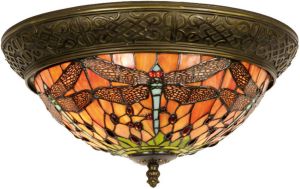 Clayre & Eef Plafondlamp Tiffany Libelle Compleet 19 X ø 38 Cm Bruin Rood Brons Ijzer Glas