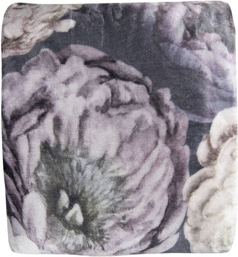 Clayre & Eef Plaid 130*180 Cm Zwart Geel Paars Polyester Rechthoek Bloemen Deken Kleed Dekentje Zwart Deken Kleed