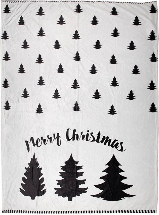 Clayre & Eef Plaid 130x170 cm Wit Zwart Polyester Kerstbomen Merry Christmas Deken Wit Deken