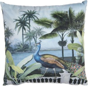 Clayre & Eef Sierkussen 45x45 cm Blauw Synthetisch Vierkant Pauw Kussenhoes met Kussenvulling Zwart Kussenhoes met
