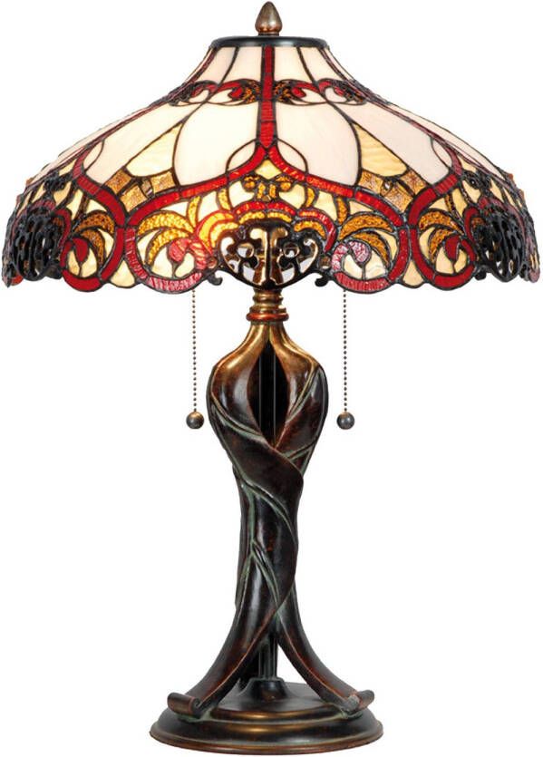 Clayre & Eef tafellamp met tiffany kap 56 x ø 41 cm bruin rood geel ivory ijzer glas