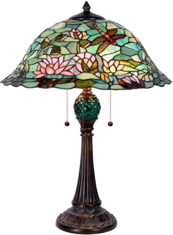 Clayre & Eef tafellamp met tiffanykap waterlelie ø 47x60 cm bruin groen roze multi colour ijzer glas
