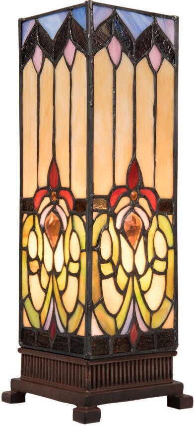 Clayre & Eef Tiffany Tafellamp 12x12x35 cm Bruin Beige Glas Vierkant