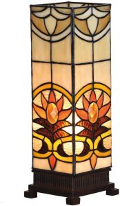 Clayre & Eef Tiffany Tafellamp 12x12x35 cm Beige Bruin Glas Vierkant