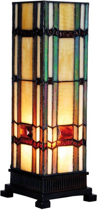 Clayre & Eef Tiffany Tafellamp 12x12x35 cm Beige Groen Glas Rechthoek