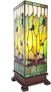 Clayre & Eef Tafellamp Tiffany 17x17x44 Cm E27 40w Bruin Groen Roze Multi Colour Ijzer Glas