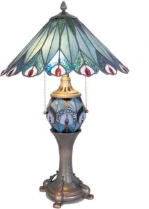 Clayre & Eef Tafellamp Tiffany ø 40x65 Cm E27 2x60w E14 1x7w Blauw Ijzer Glas