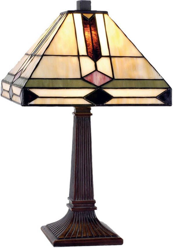 Clayre & Eef tafellamp tiffany compleet 37 x ø 22 cm bruin ivory multi colour ijzer glas