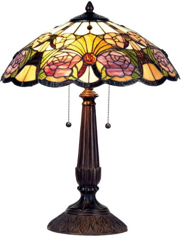 Clayre & Eef tafellamp tiffany compleet ø 44x57 cm 2x e27 max 60w. bruin paars multi colour ijzer glas