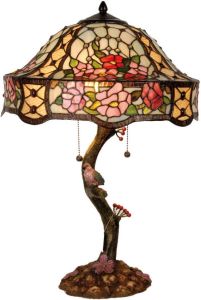 Clayre & Eef tafellamp tiffany compleet ø 46 cm e27x3 bruin roze multi colour ijzer glas