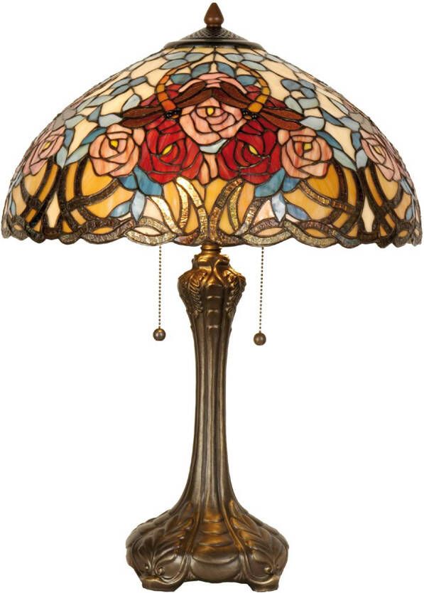 Clayre & Eef tafellamp tiffany compleet ø 46x64 cm 2x e27 max 60w. bruin rood geel multi colour ijzer glas