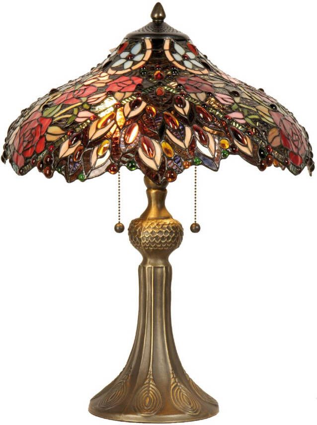 Clayre & Eef tafellamp tiffany compleet 58 x ø 43 cm bruin rood multi colour ijzer glas