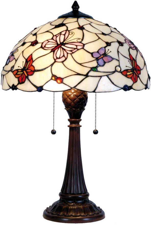 Clayre & Eef tafellamp tiffany met vlinders compl. Ø 41x60 cm 2x e27 60w bruin wit rood aubergine ijzer glas