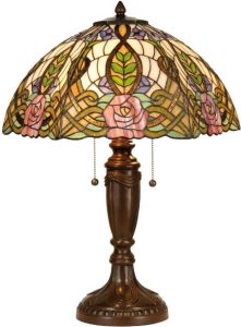 Clayre & Eef Tafellamp Tiffany Rozen Compleet 61 X ø 47 Cm Bruin Groen Roze Multi Colour Ijzer Glas