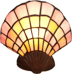 Clayre & Eef Tiffany Tafellamp Schelp 25x20 cm Roze Beige Glas Tiffany